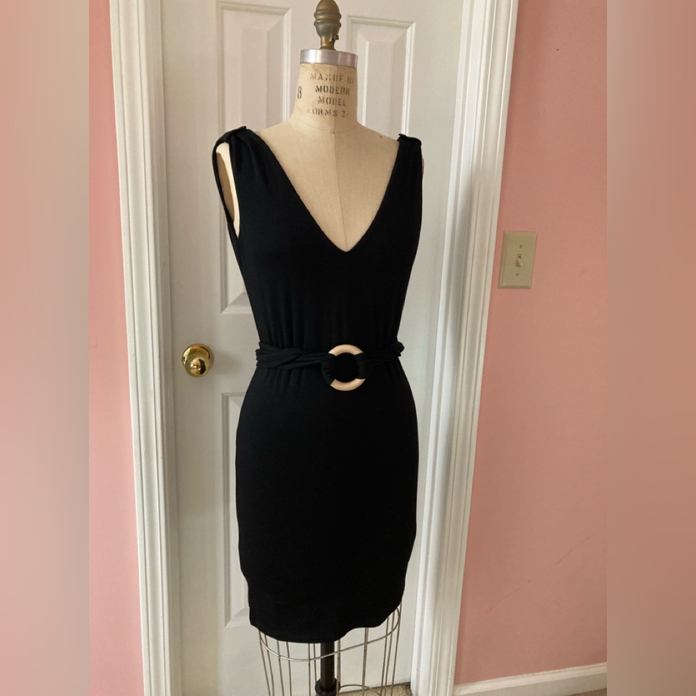 Dayo jet black knit fabric dress, lined, epaulet at shoulder, tie belt, size XS